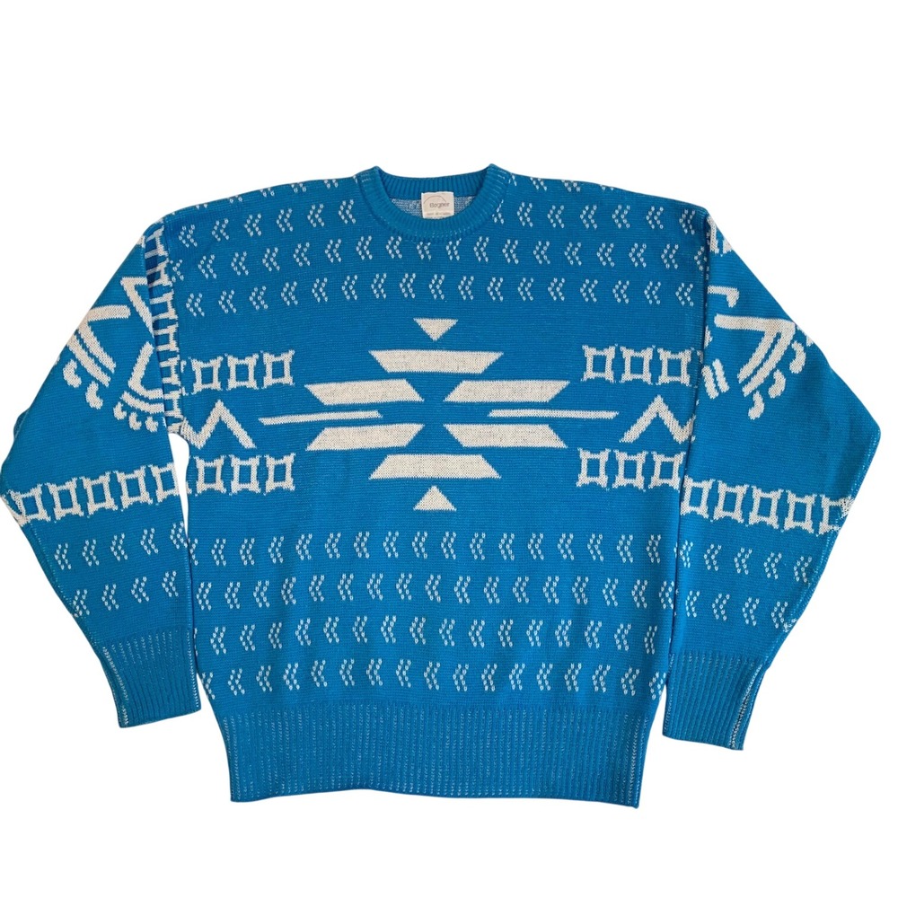 Bogner Vintage Blue White Southwestern Geometric 100% New Wool Sweater Small